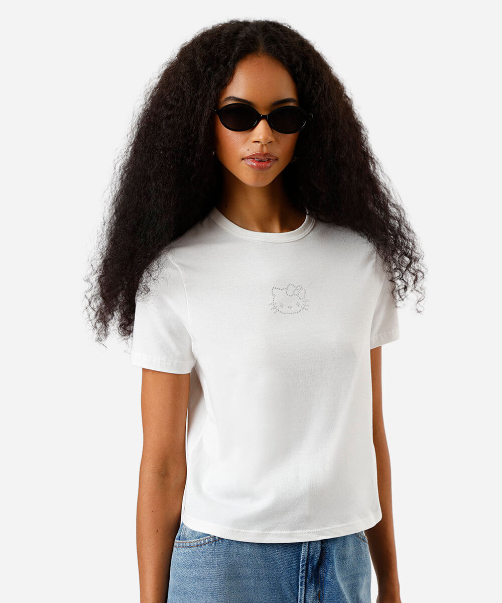 blusa baby look feminina de algodão hello kitty com brilhos off white