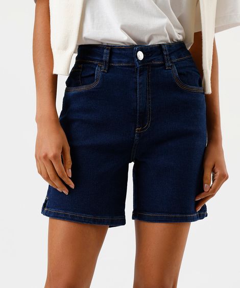 bermuda feminina jeans stretch cintura alta com fenda azul