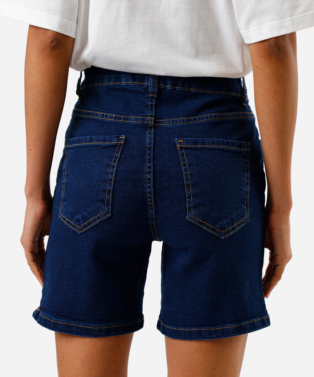 bermuda feminina jeans stretch cintura alta com fenda azul