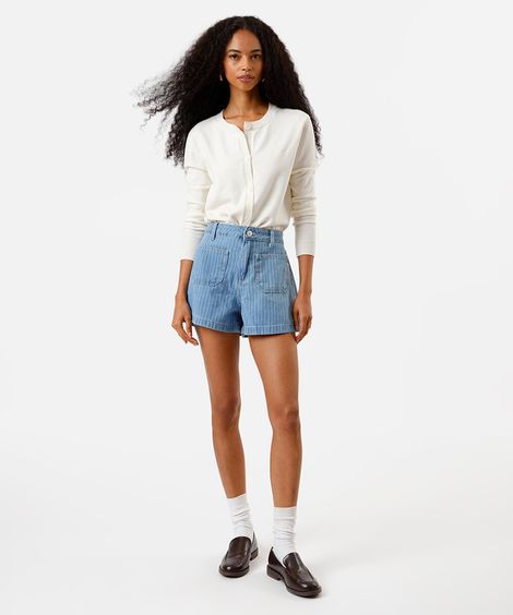 short feminino jeans listrado azul