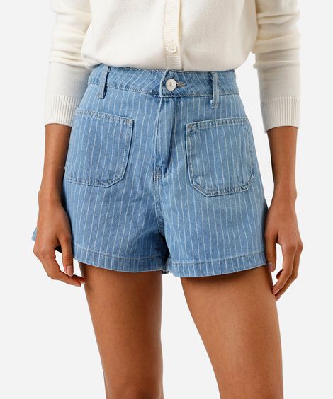 short feminino jeans listrado azul