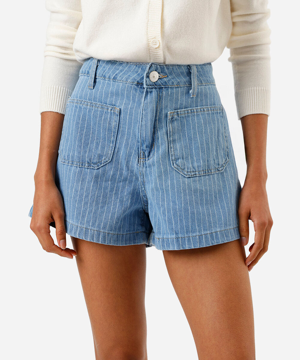 short feminino jeans listrado azul