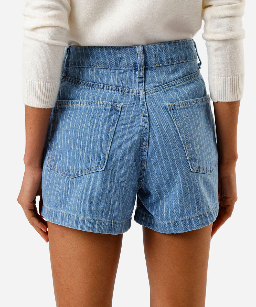 short feminino jeans listrado azul