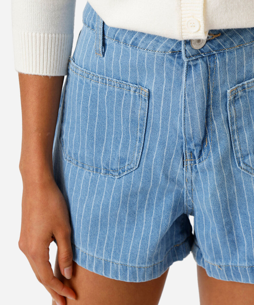 short feminino jeans listrado azul