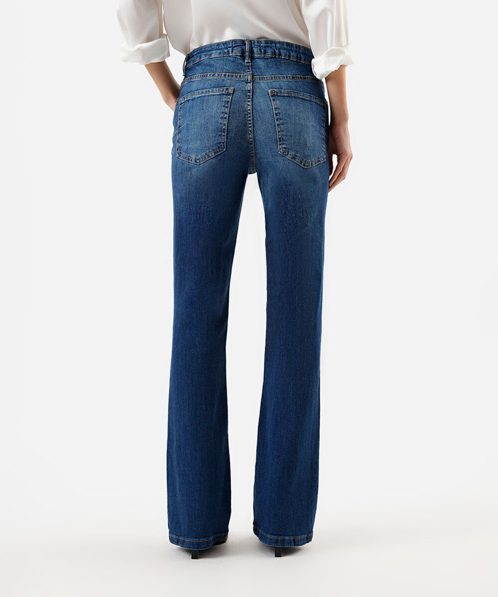 calça jeans bootcut cintura média azul