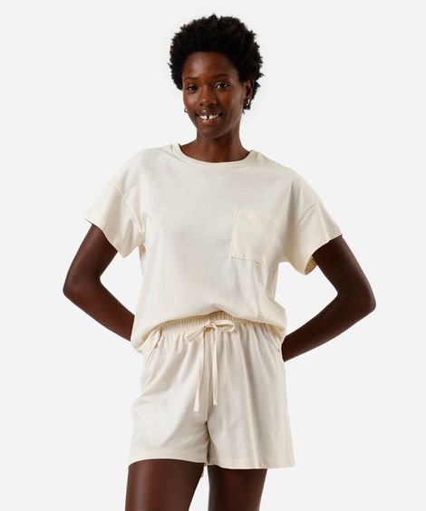 Pijama feminino short doll manga curta em algodão com bolso bege