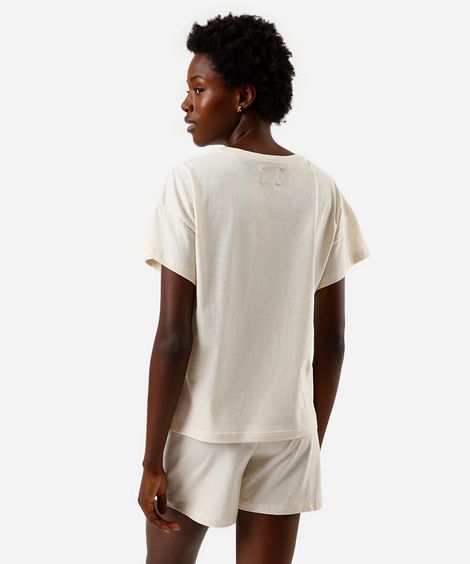 Pijama feminino short doll manga curta em algodão com bolso bege