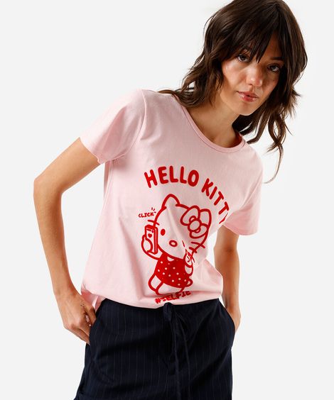 camiseta feminina de algodão hello kitty flocada rosa