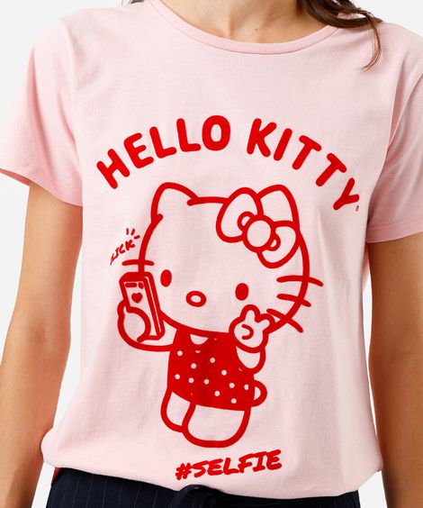 camiseta feminina de algodão hello kitty flocada rosa