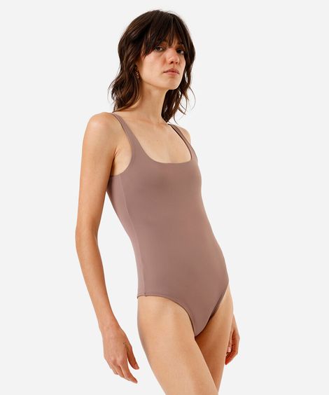 body feminino de poliamida decote quadrado marrom