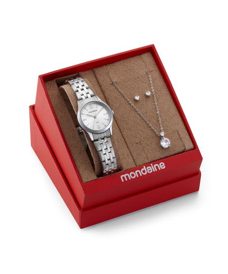 kit relógio feminino mondaine analógico 32720l0mkne2k1 prateado