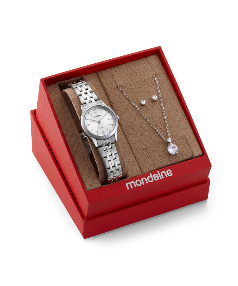 kit relógio feminino mondaine analógico 32720l0mkne2k1 prateado