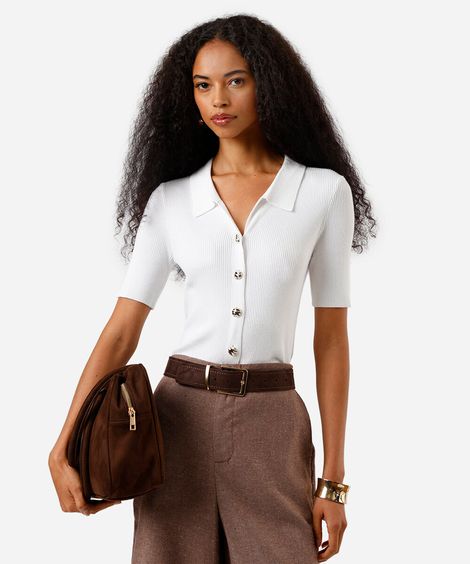 polo feminina de tricô com botões off white