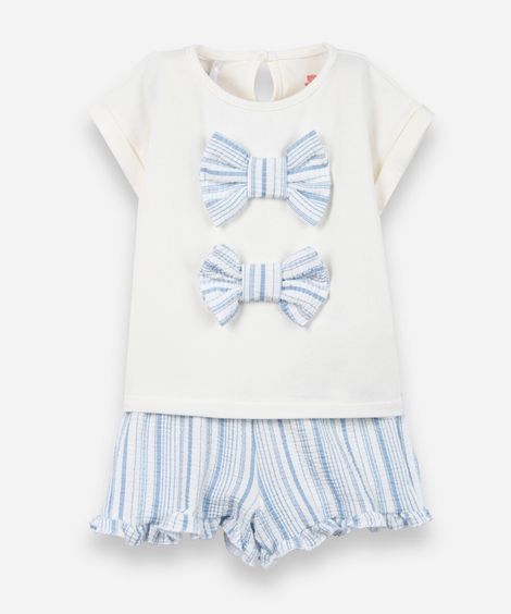 conjunto curto infantil com lacinho listrado off white