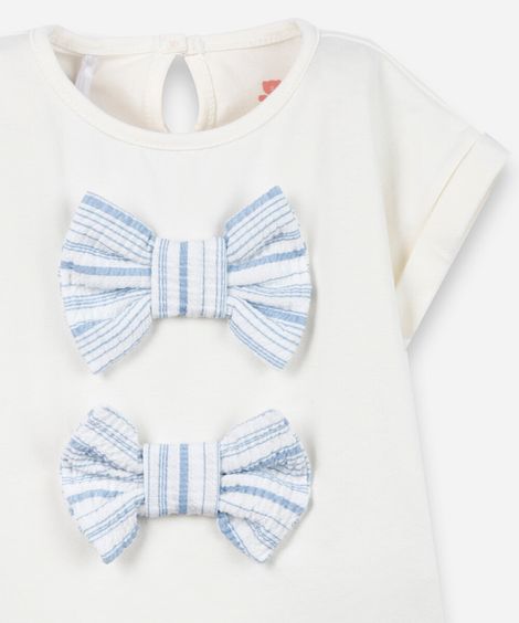conjunto curto infantil com lacinho listrado off white