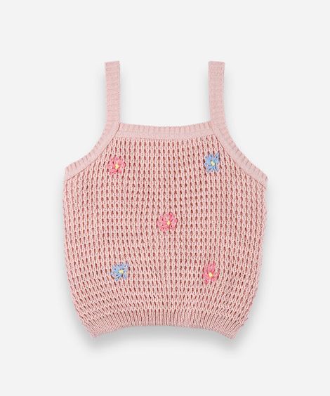 blusa alça fina infantil de tricot com bordado floral rosa
