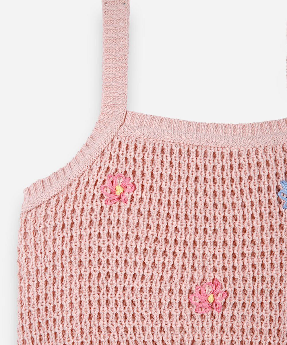 blusa alça fina infantil de tricot com bordado floral rosa