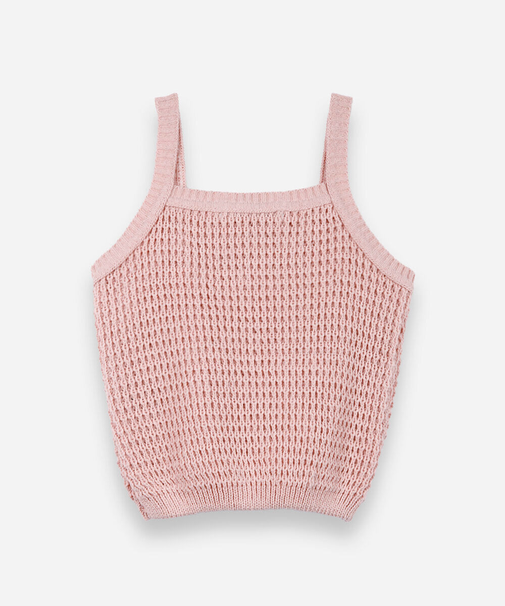 blusa alça fina infantil de tricot com bordado floral rosa