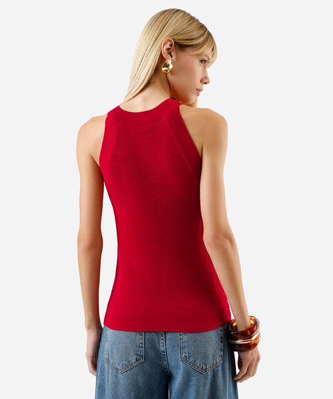 regata feminina halterneck em tricot texturizado vermelha