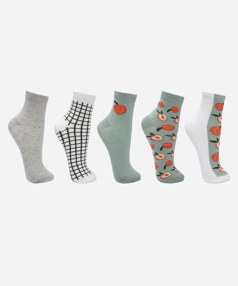 kit de 5 meias femininas estampadas colorida