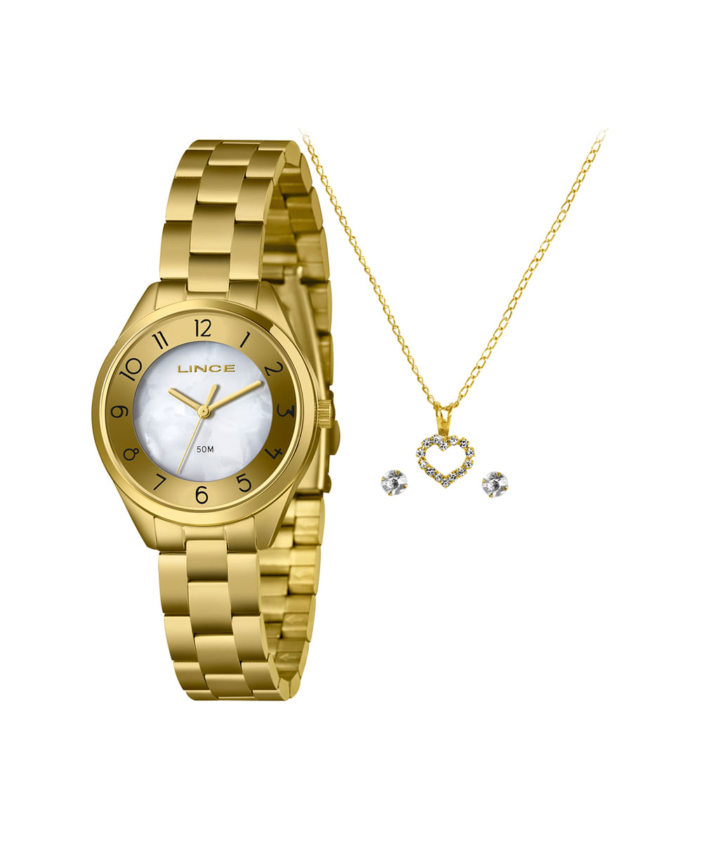 kit relógio feminino lince analógico lrgh273l32 kaf4b2kx dourado