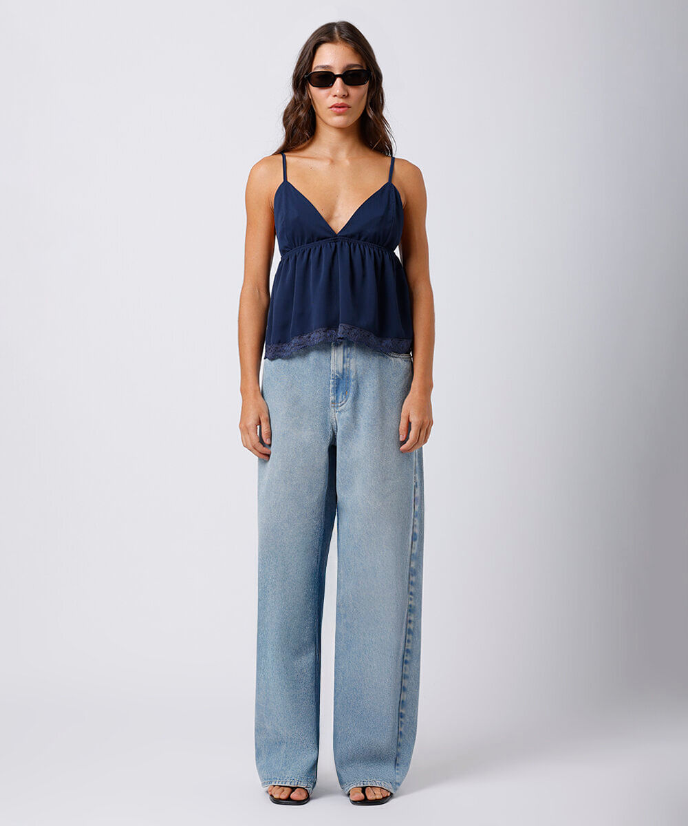 bata alça fina feminina com renda mindset azul