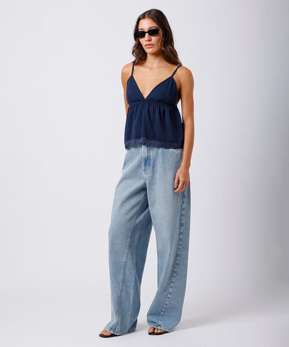 bata alça fina feminina com renda mindset azul