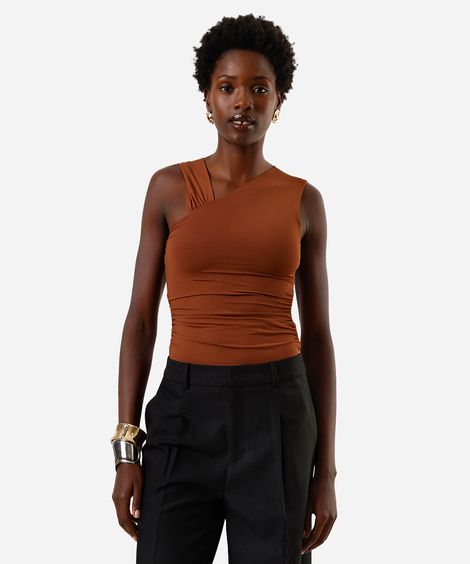 body feminino de poliamida assimétrico franzido marrom