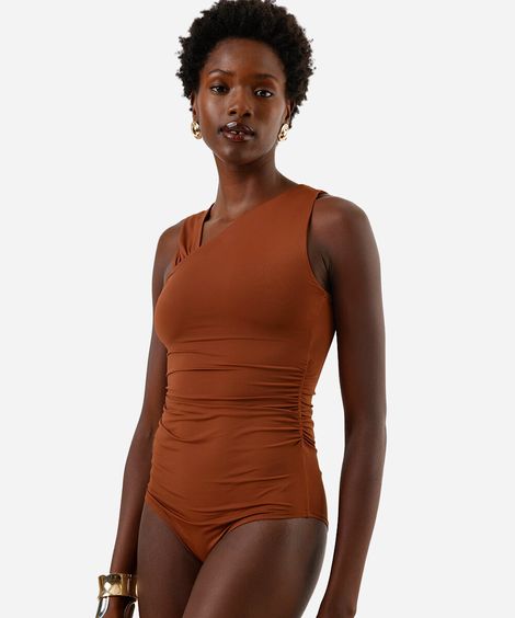 body feminino de poliamida assimétrico franzido marrom