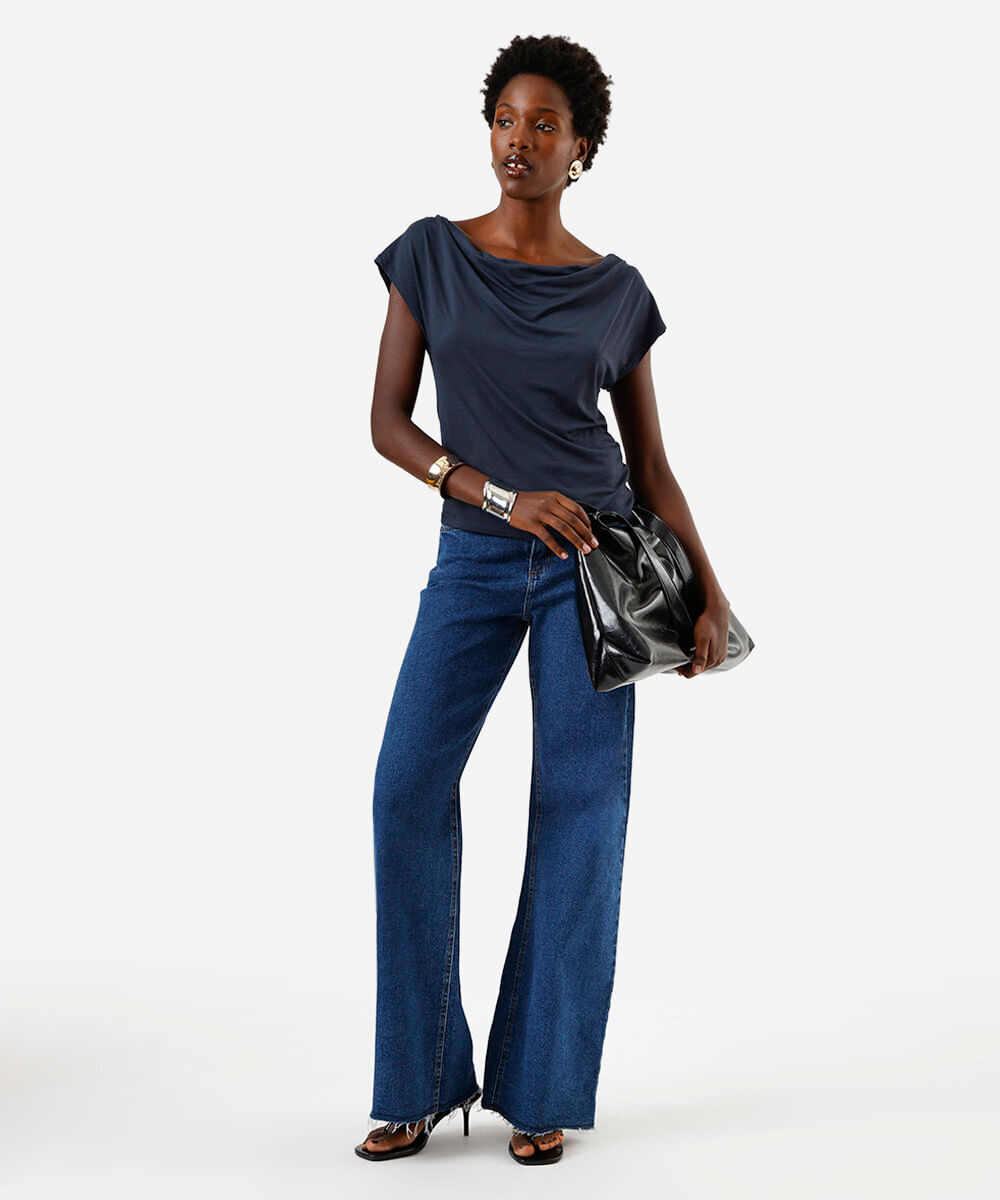 blusa feminina de viscose decote degagê azul