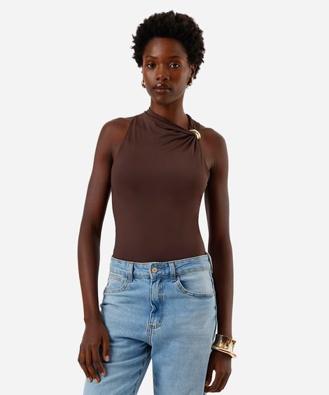 body feminino decote alto degagê com detalhe na alça marrom