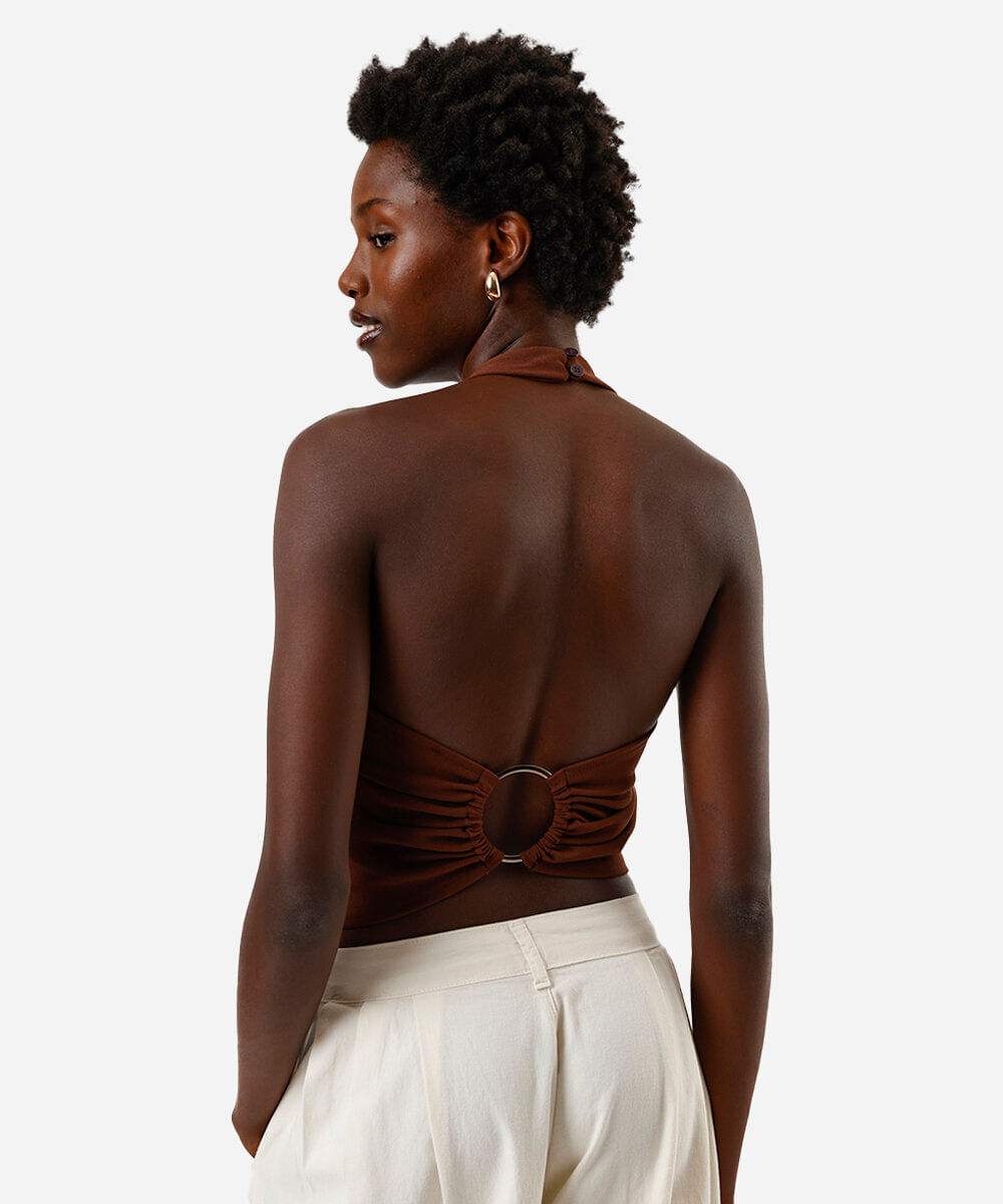 cropped frente única feminino com argola marrom