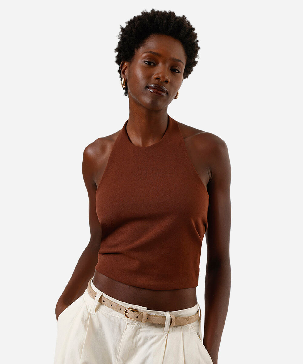 cropped frente única feminino com argola marrom