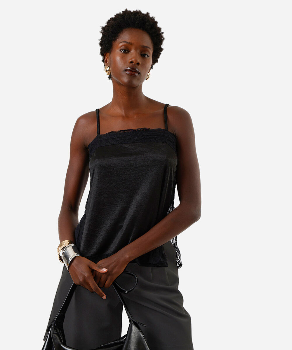 regata feminina alça fina com renda preta