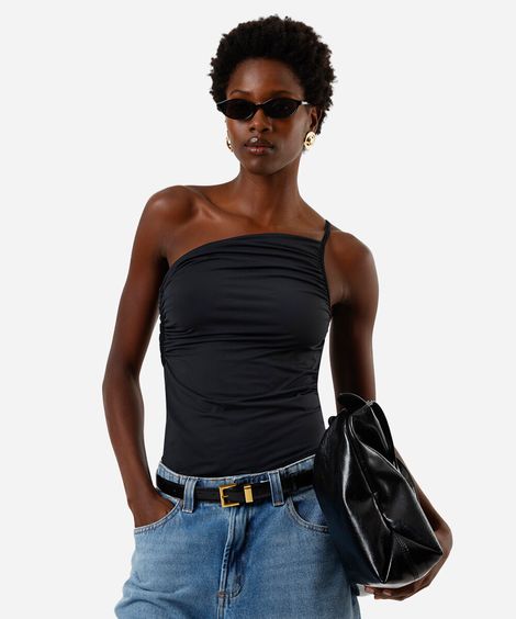 blusa ombro único feminina franzida assimétrica preta