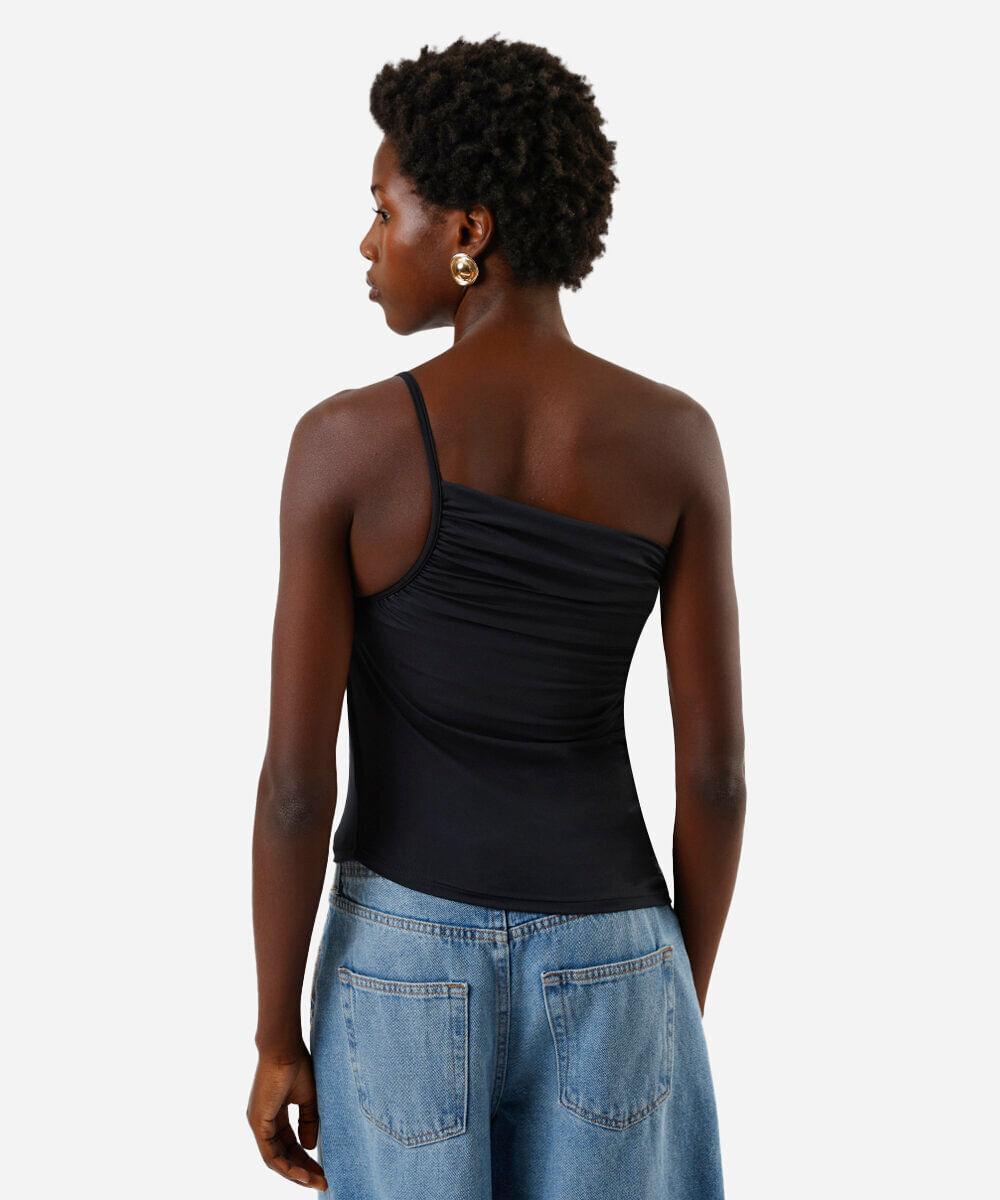 blusa ombro único feminina franzida assimétrica preta