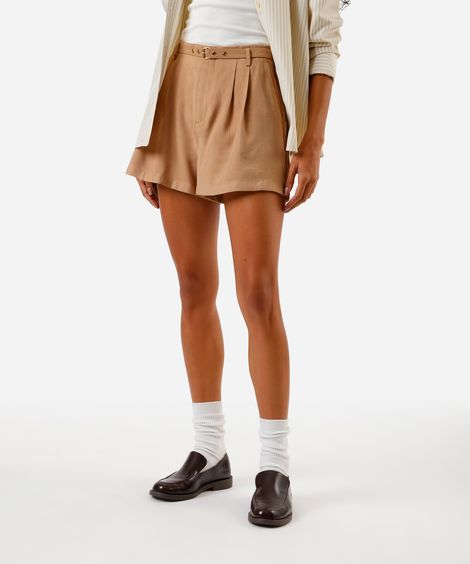 short de alfaiataria feminino com viscose e cinto bege