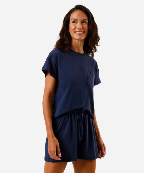 Pijama feminino short doll manga curta em algodão com bolso azul