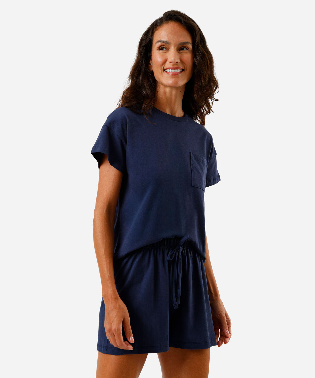 Pijama feminino short doll manga curta em algodão com bolso azul