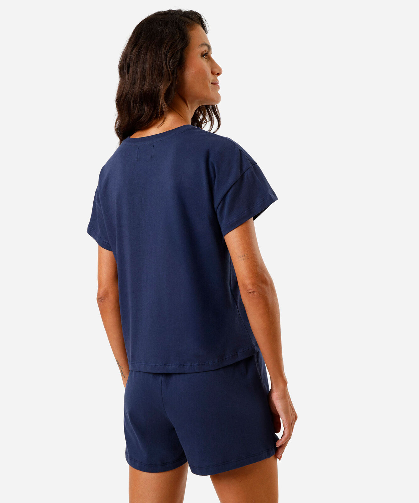 Pijama feminino short doll manga curta em algodão com bolso azul