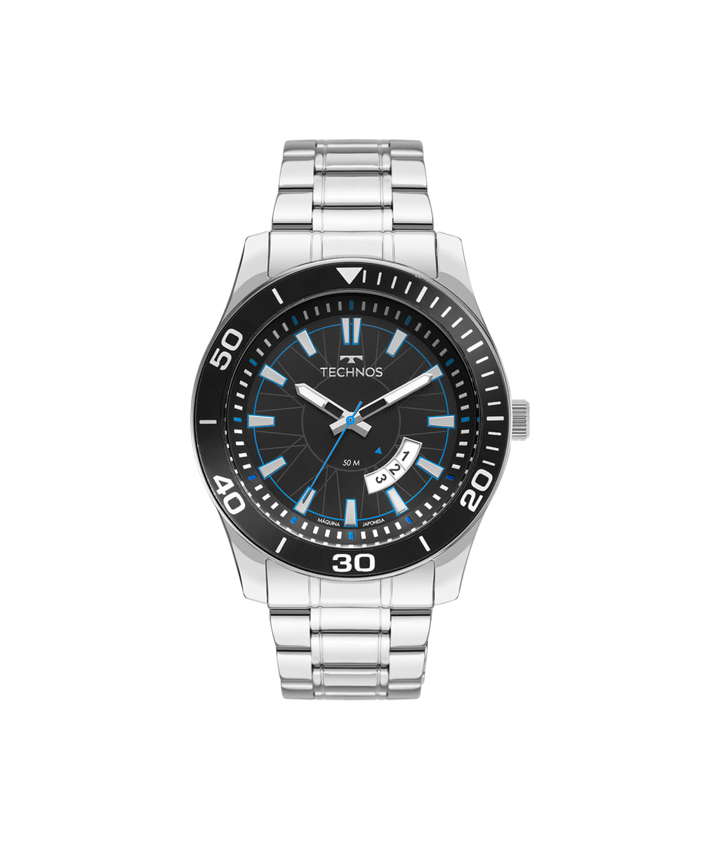 relógio masculino technos analógico calendário 2115ksm 1a prateado