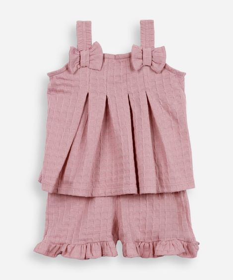 conjunto curto infantil de algodão com laço texturizado rosa