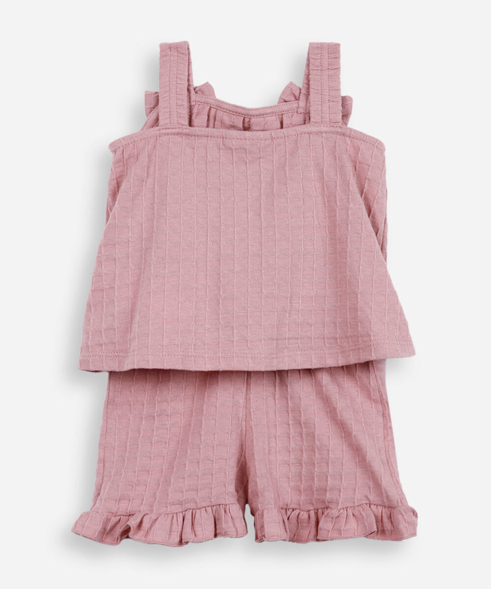 conjunto curto infantil de algodão com laço texturizado rosa