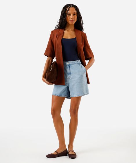 bermuda mom feminina jeans cintura alta azul