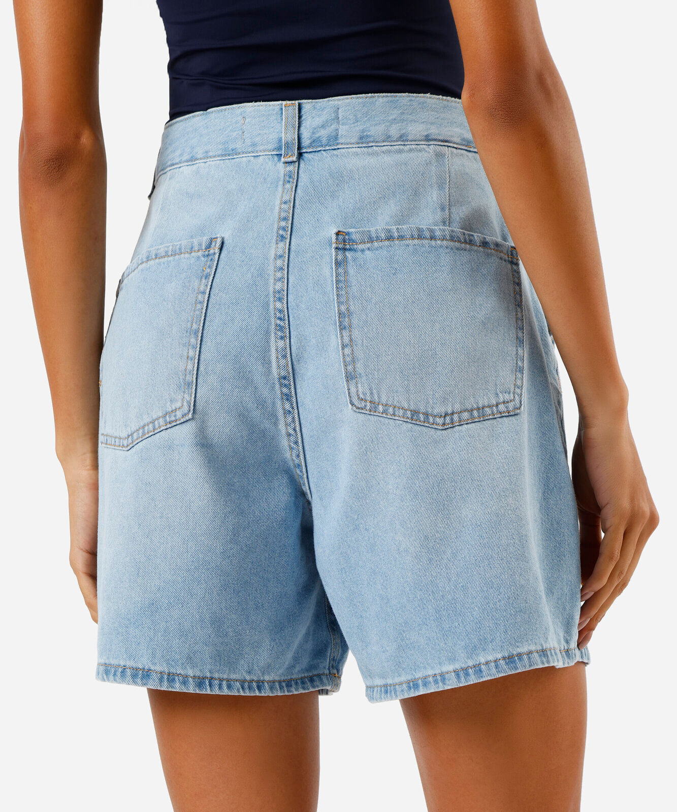 bermuda mom feminina jeans cintura alta azul