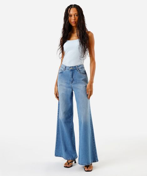 calça wide leg feminina jeans sawary azul
