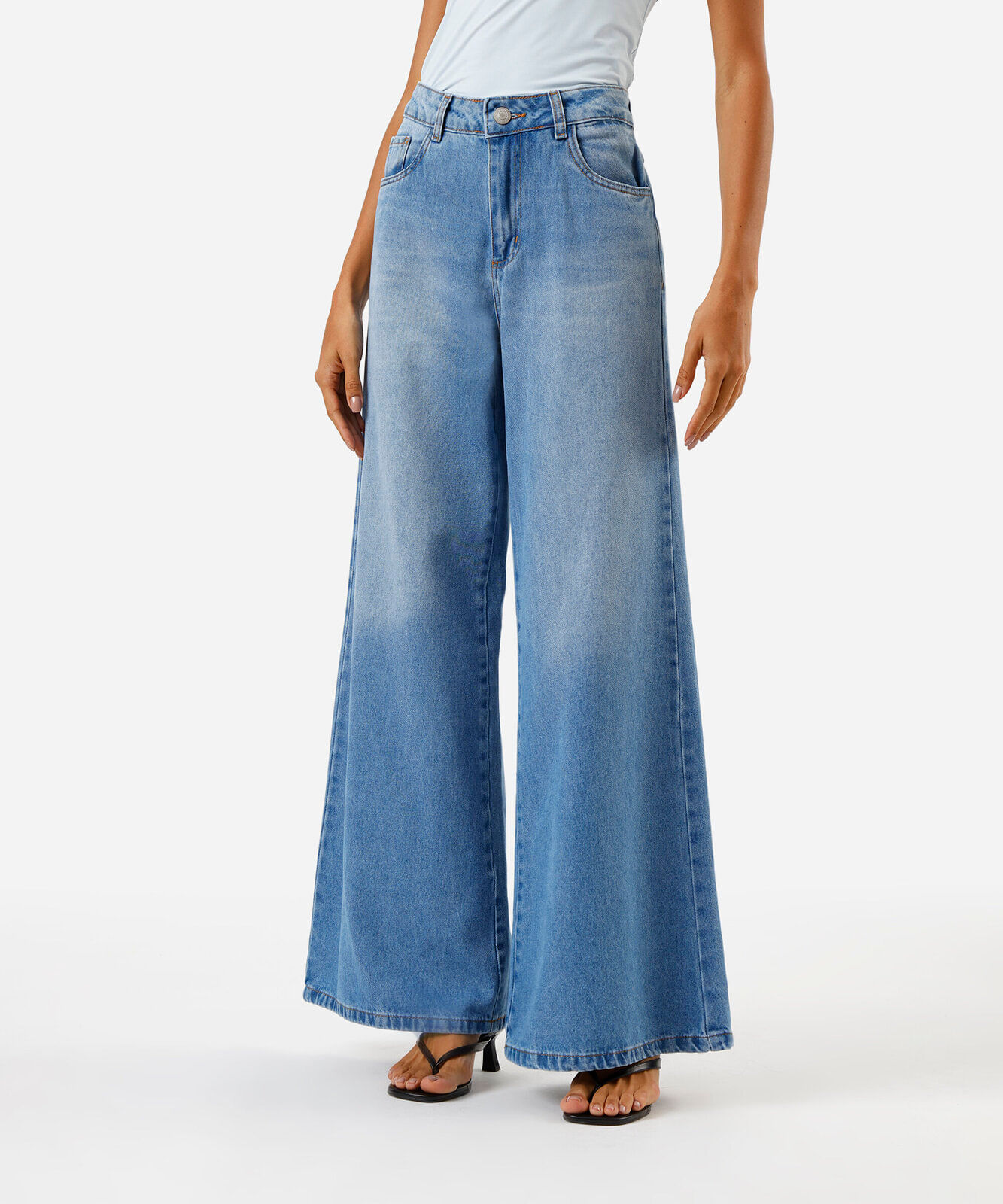 calça wide leg feminina jeans sawary azul