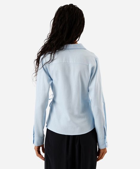 camisa feminina manga longa transpassada com linho azul