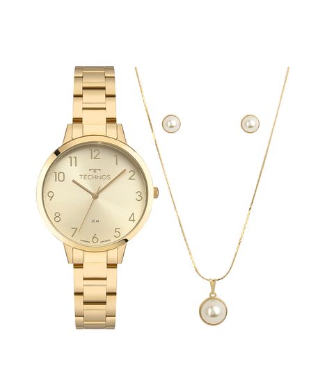 kit relógio feminino technos analógico 2035ndm k1x dourado