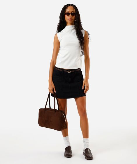 short saia feminino jeans cintura alta recortes frontais preta